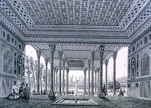 A tükörpavilon belső képe, Isfahan, 35. tábla a „Perzsa modern műemlékei”-ből, Claude Sauvageot (1832-85) és Jean Charles Huguet metszet alkotó: Pascal Xavier (after) Coste