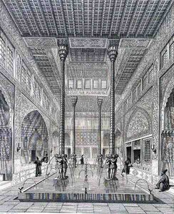 Az iszfaháni Chahar Bagh palota belseje a „Voyage Pittoresque of Persia”-ból, Claude Sauvageot (1832-85) és Jean Charles Huguet (szül. 1815) metszete, Lemercier, Párizs.