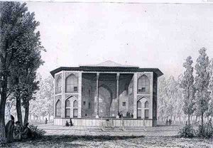 A Nyolc Paradicsom pavilonja, Iszfahán, a „Voyage Pittoresque of Persia”-ból, Jules Penel (sz. 1833) és Joseph Durond (sz. 1816) metszete, Lemercier, Párizs. alkotó: Pascal Xavier (after) Coste