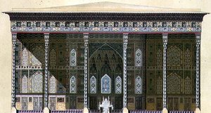 Chehel Situn pavilonja, vagy „a 40 oszlop”, Iszfahan, a „Perzsa modern emlékművei” 42-43. táblája, A. Levie metszet