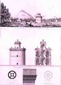 Egy iszfaháni galambdúc látképe és részletei, Perzsia "Voyage Pittoresque"-jából, Claude Sauvageot (1832-85) metszete, kiadó: Lemercier, Párizs.
