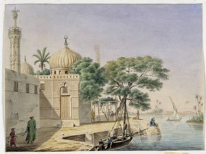 Kilátás egy mecsetre a víz mellett. Egyiptom. Pascal Coste (1787-1879) rajza: Mediterrán Régészeti Múzeum, Marseille