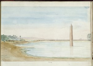 Kilátás a Nílusra és a Sesostris I obeliszkre, Heliopolisban, Egyiptomban. Pascal Coste (1787-1879) akvarellje. Marseille városi könyvtára