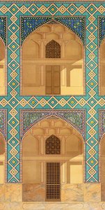 Részlet az udvari árkádokról a Medrese-i-Shah-Husseinben, Isfahan, 26-27. lemez a Modern Monuments of Persia, metszett A. Levie, 1856 litho
