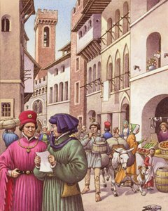 Egy tipikus firenzei utcakép a 15. század elején (gouache, papír)