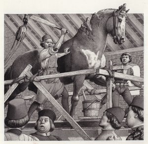 Andrea Verrocchio letöri a fejet egy ló szobráról (gouache, papír)