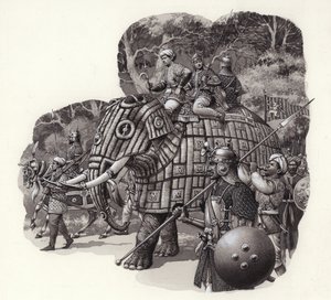 Páncélozott kínai katonai elefánt (gouache, papír)