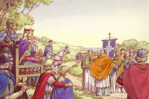 Augustinus szemben Ethelbert királlyal és királynőjével, Berthával (gouache, papír)