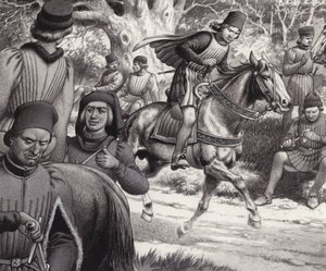 Összeesküvők nézik, ahogy Lorenzo de Medici elhalad mellettük (gouache, papír)