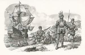 Az első európaiak érkezése Kaliforniába (gouache, papír)