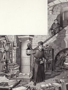 Poggio Bracciolini a szentgalleni kolostor elhanyagolt könyvtárában (gouache, papír)