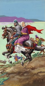 Margit szász hercegnő családjával együtt menekül Hódító Vilmos karmai közül (gouache, papír)