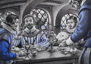 Sir Francis Drake (1540-96) az asztalnál (gouache, papír)