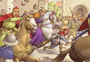 Aquitánia polgárai megkövezik Henrik királyt brutalitása miatt (gouache, papír)