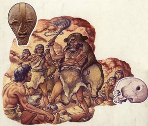 Egy kőkorszaki orvos elűzi az ördögöt, aki beteggé teszi embertársait (gouache, papír)