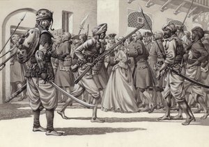 Brit katonákat kényszerítenek a kalkuttai fekete lyukba (gouache, papír)