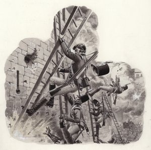 Brit katonák a franciák tüze alatt a Badajoz elleni támadás során (gouache, papír) alkotó: Pat (1907 95) Nicolle