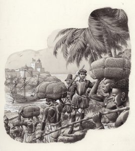 Európai kereskedők által épített kastély Nyugat-Afrikában (gouache, papír)