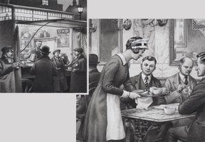 Edwardian Coffee Stall and Teashop (gouache, papír) alkotó: Pat (1907 95) Nicolle