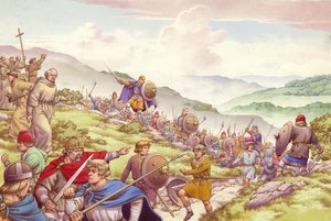 Aethelfrith király katonát küld tizenkétszáz szerzetes lemészárlására (gouache, papír)