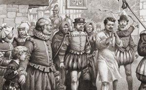 III. Henrik francia király vezekel, amikor hajviseletben, korbácsolás közben végigsétál Párizs utcáin (gouache, papír).