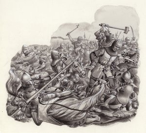 Lemészárolt lovagok a csatatéren (gouache, papír)