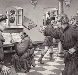 Poggio Bracciolini egy könyvet dob egy tudóstársának, Tortelli (gouache, papír)