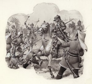 Lengyel lovasság csatája török janicsárezredekkel Bécsnél 1683-ban (gouache, papír)