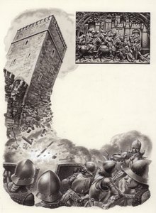 Spanyol katonák puskaporral robbantják fel az erődítményeket (gouache, papír)