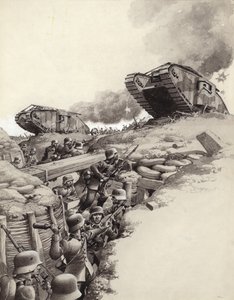 Tankok gördülnek a német lövészárkok fölé a Nagy Háborúban (gouache, papír)