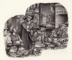Maximilian császár a fegyverkészítő műhelyében (gouache, papír)