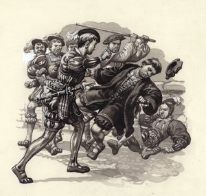 William Herbert megtámad egy ártatlan járókelőt Bristolban (gouache, papír) alkotó: Pat (1907 95) Nicolle