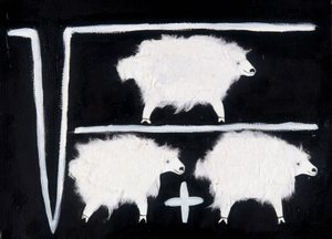 Klónozás: Matematikai szimbólum, amely négyzetgyök, osztás és összeadás számítási műveleteit ábrázolja, kísérleti nyúlként használt juhokkal. Fehér pamutkollázs fekete háttéren.