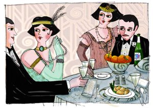 Illusztráció, amely egy világi vacsorát ábrázol Francis Scott Fitzgerald (1896-1940) amerikai író "Gatsby, a csodálatos" című művében (A nagy Gatsby) Patrizia Laporta rajzolta.