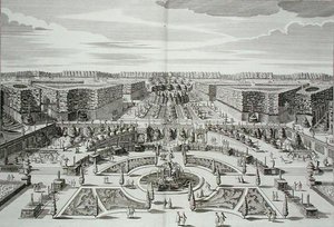 A berlini hercegi kastély és kert nagy kaszkádja, Karl Remshard (1678-1735) metszete, megjelent 1711-16 körül (metszet).
