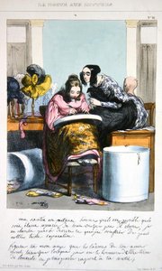 Munkás egy kalapkészítő vállalkozásban, levelet ír, 1840 körül (színes litó)