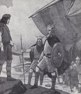 Hengist és Horsa testvérek Ebbsfleetbe, Thanet szigetére (Kent állam) érkeznek az anglok, szászok és juták 5. századi inváziója során (litho)