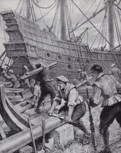 Az Ark Royal angol galleon építése, a spanyol Armada elleni küzdelem zászlóshajója 1588-ban (litho)