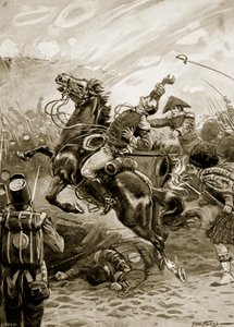 Sir Edward Pakenham halála, illusztráció a Tizenkilencedik század csatáiból, Archibald Forbes, G.A. Henty és Arthur Griffiths őrnagy (litho) alkotó: Paul (after) Hardy