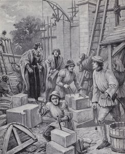 VI. Henrik király az általa 1440-ben alapított Eton College épületét felügyelő (litho)