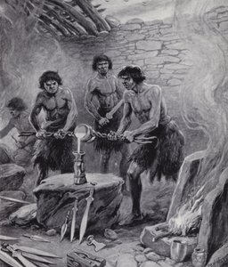 Öntödében dolgozó férfiak a bronzkorban (litho)