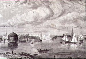 New York-i kikötő az 1860-as években (metszet) alkotó: Paul (after) Huet