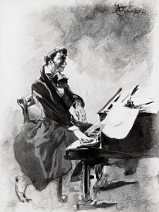Frederic Chopin zeneszerző és zongoraművész zongorázik, Albert Besnard (1849-1934), akvarell alkotó: Paul Albert Besnard