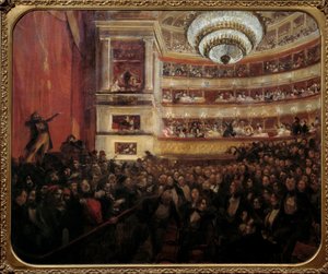 A Hernani premierje Victor Hugo (1802-1885) „Hernani” című darabjának premierje a Comedie Francaise-ben 1830.02.25-én. Paul Albert Besnard (1849-1934) festménye 19. század V. 1,05x1,22 m Párizs, Victor Hugo ház