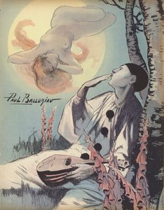 Pierrot csókot lehel egy meztelen nő látomása felé (színes litó)