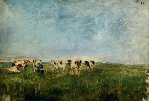 Tehenek a réten fejés közben (olaj, karton)
