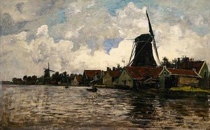 Holland, folyó táj két szélmalommal (olaj, fa)