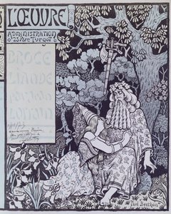 A varázsló Merlin és a tündér Vivien a broceliande-i erdőben, a „Broceliande”-ból, Jean Lorrain (1855-1906) drámája 1900 körül (fametszet)