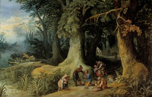 Fegyvertámadás egy erdőben Autópálya banditák egy csoportja. Paul Bril (Brill) festménye (1554-1626)