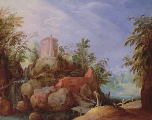 Fantasztikus táj vízeséssel és híddal alkotó: Paul Bril